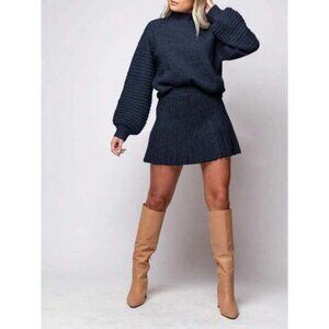 Womens 2 Piece Outfits Long Sleeve Mock Neck Ribbed Sweater And Mini Skirt